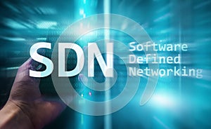 SDN, Software defined networking concept on modern server room background.Â 